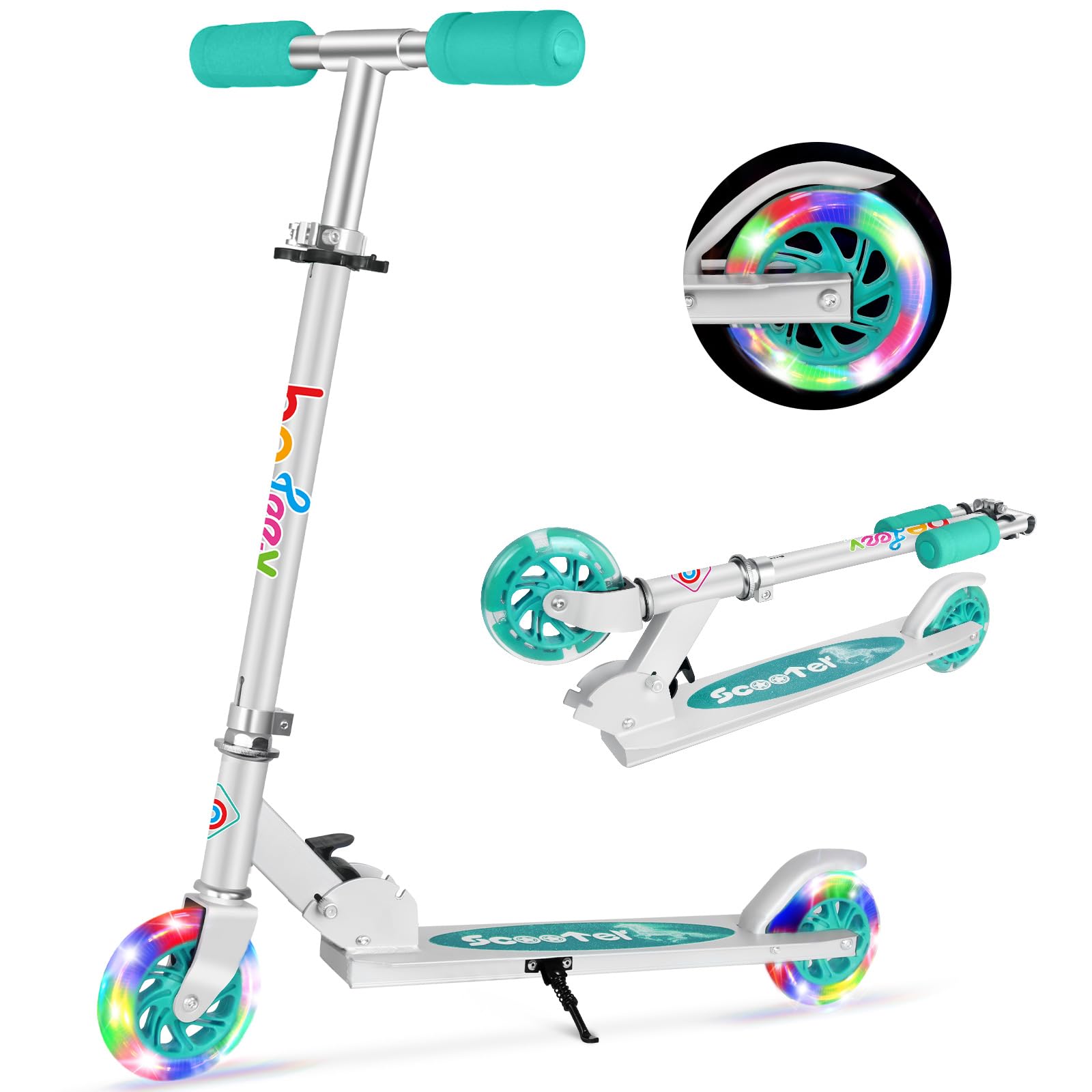 Photo 1 of BELEEV V1 Scooters for Kids, 2 Wheel Folding Kick Scooter for Girls Boys, 3 Adjustable Height, Light Up Wheels, Lightweight Push Scooter with Kickstand for Children Ages 3-12 (Aqua)