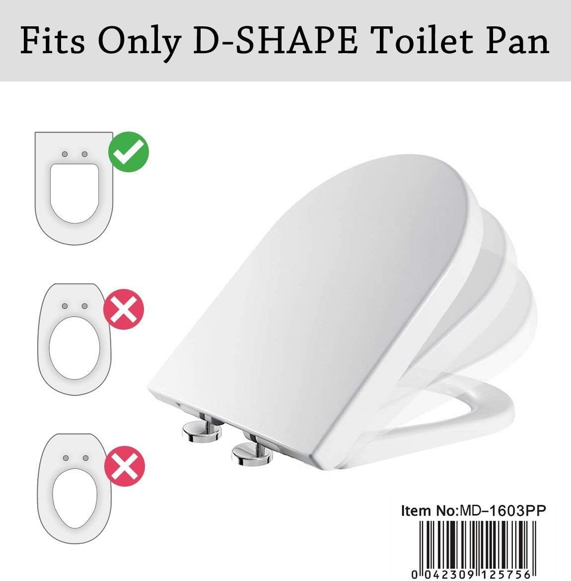 DShaped White Toilet Seat Cover with Soft Close & Quick Release Hinges, Polypropylene (PP) Loo