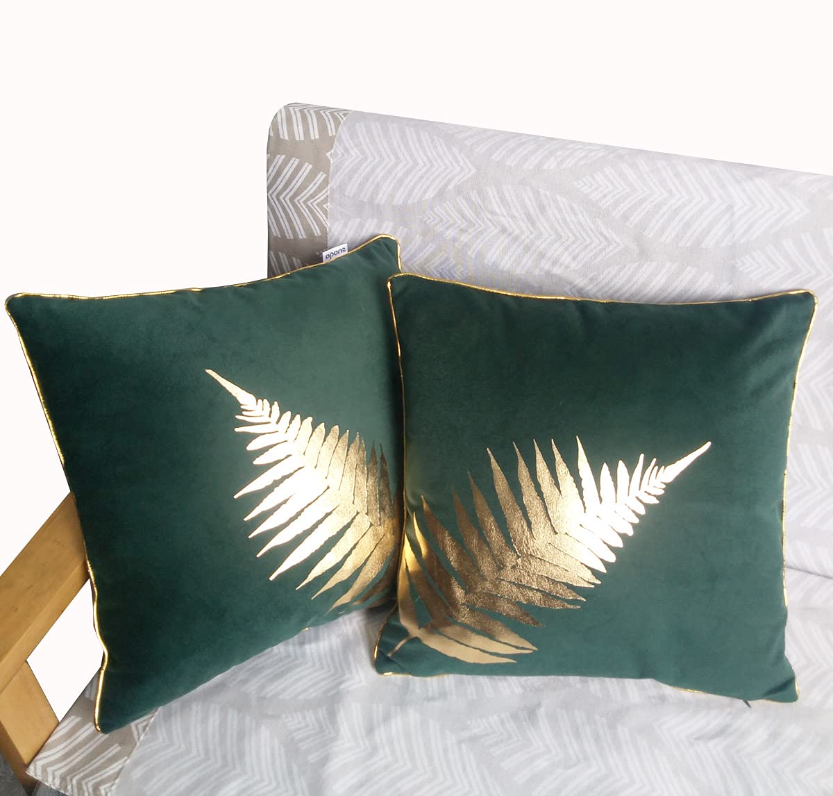ZUODO Set of 2 Green Velvet Gold Leaf Foil Printing Cushion Cover Pillow Case - Showroom, Bar, Party, Festival & Gift Use - 45x45cm Gold Piping Decoration