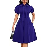 Nmoder Midi Dresses for Women, Semi-Formal Fit and Flare Tie Neck Puff Sleeve Elegant Cocktail Party Summer Short Dress