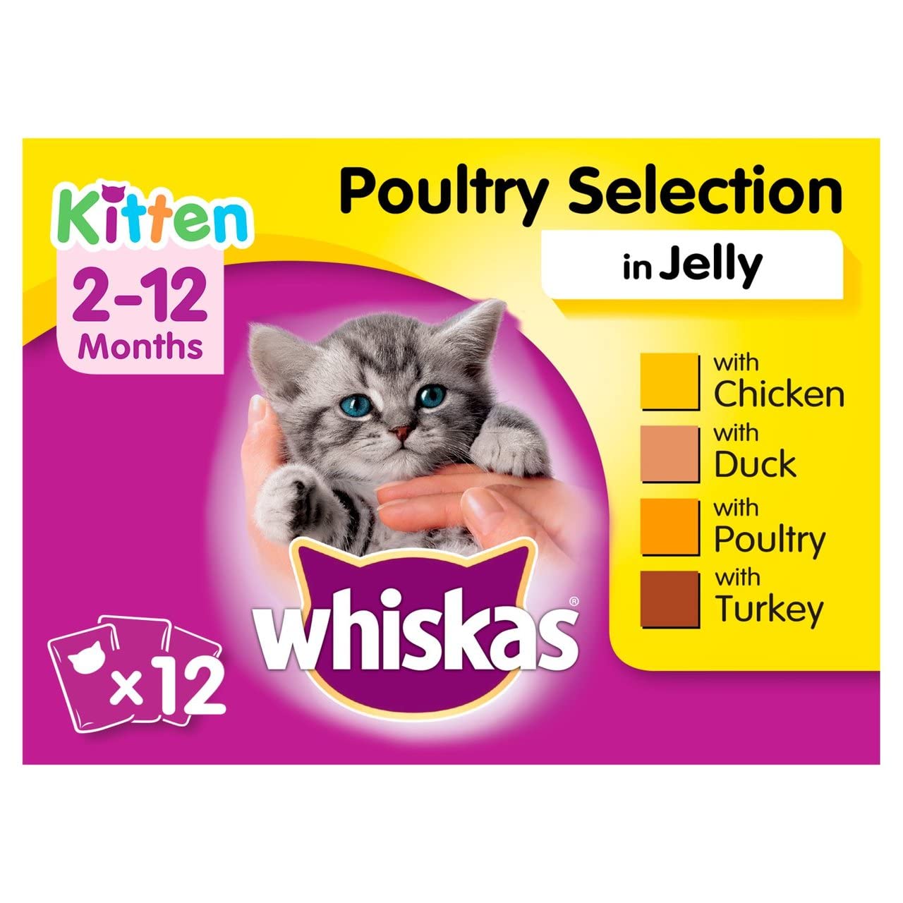 Whiskas <1 Cat Wet Food in Pouch for Kitten, Poultry Selection in Jelly, 12x 100g