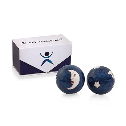 Meditation Qi-Gong-Kugel Paar mit Klangwerk | Klangkugeln | Yin Yan | Design MOND-STERNE-BLAU (Ø: 30mm)