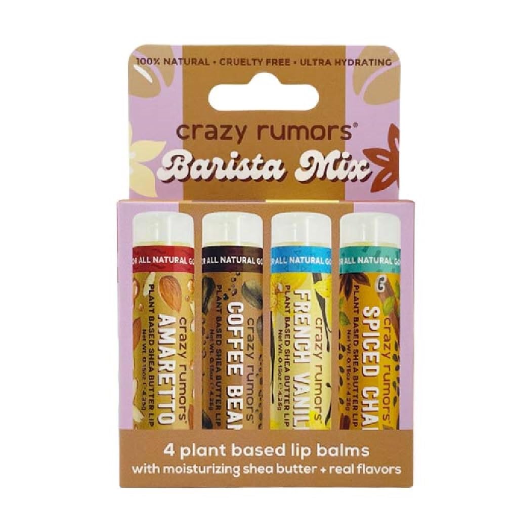 Crazy Rumors 'Barista Mix' 4 Multi Pack Lip Balm Stick Set for Dry Lips, 100% Natural and Vegan