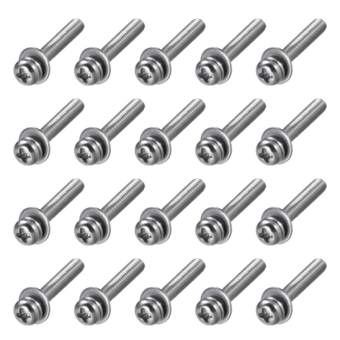 sourcing map M2.5 x 20mm Stainless Steel Phillips Pan Head Machine Screws Bolts Combine with Spring Washer and Plain Washers 20pcs