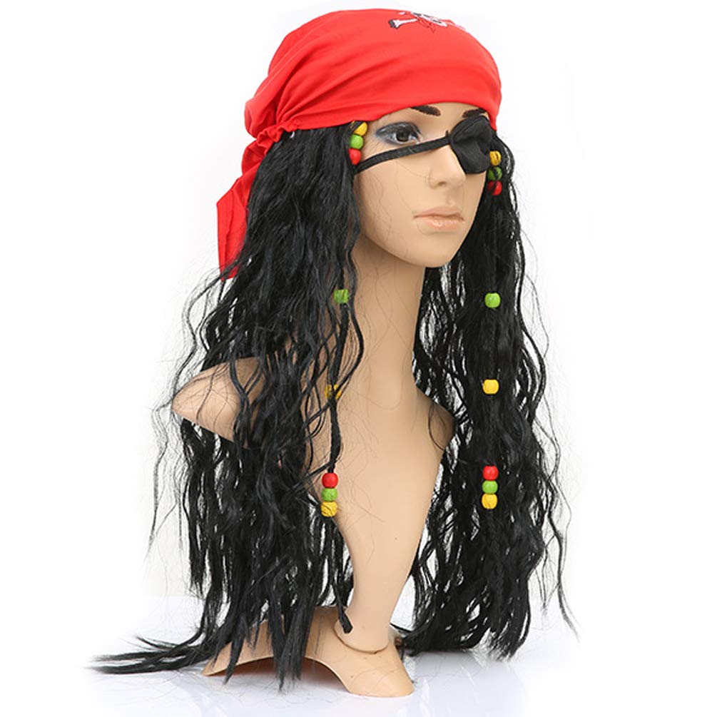 Photo 1 of Pirate Wig for Women Men, Pirate Costume Women Men Halloween, Black Hair Wigs with Accessories, Headband Bandana Head Scarf Set, Adult Captain Hat Eye Patch