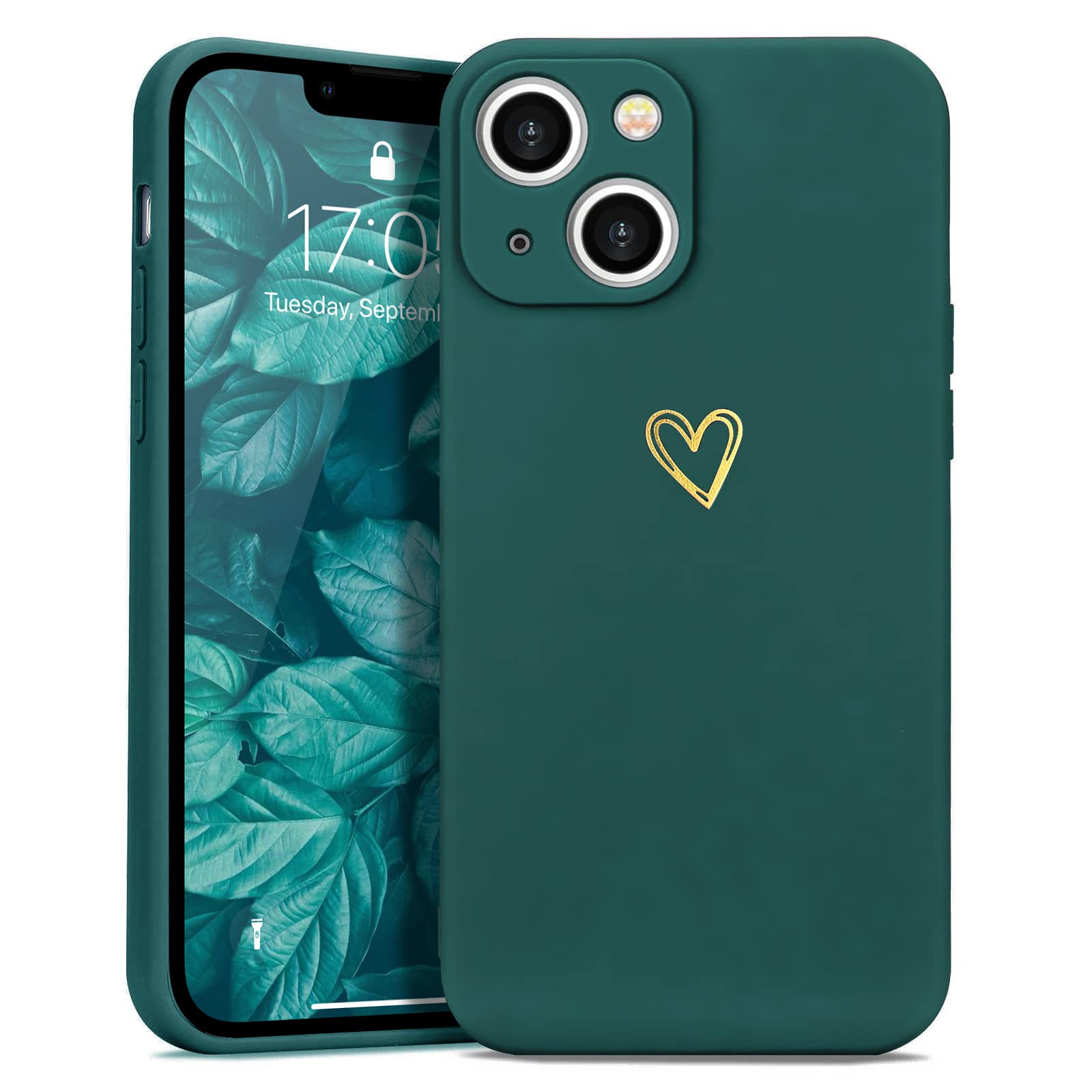 Wirvyuer for iPhone 14 Plus Case with Cute Heart Pattern Soft Shockproof Protective Silicone Phone Case for Women Girls, Green — image 1