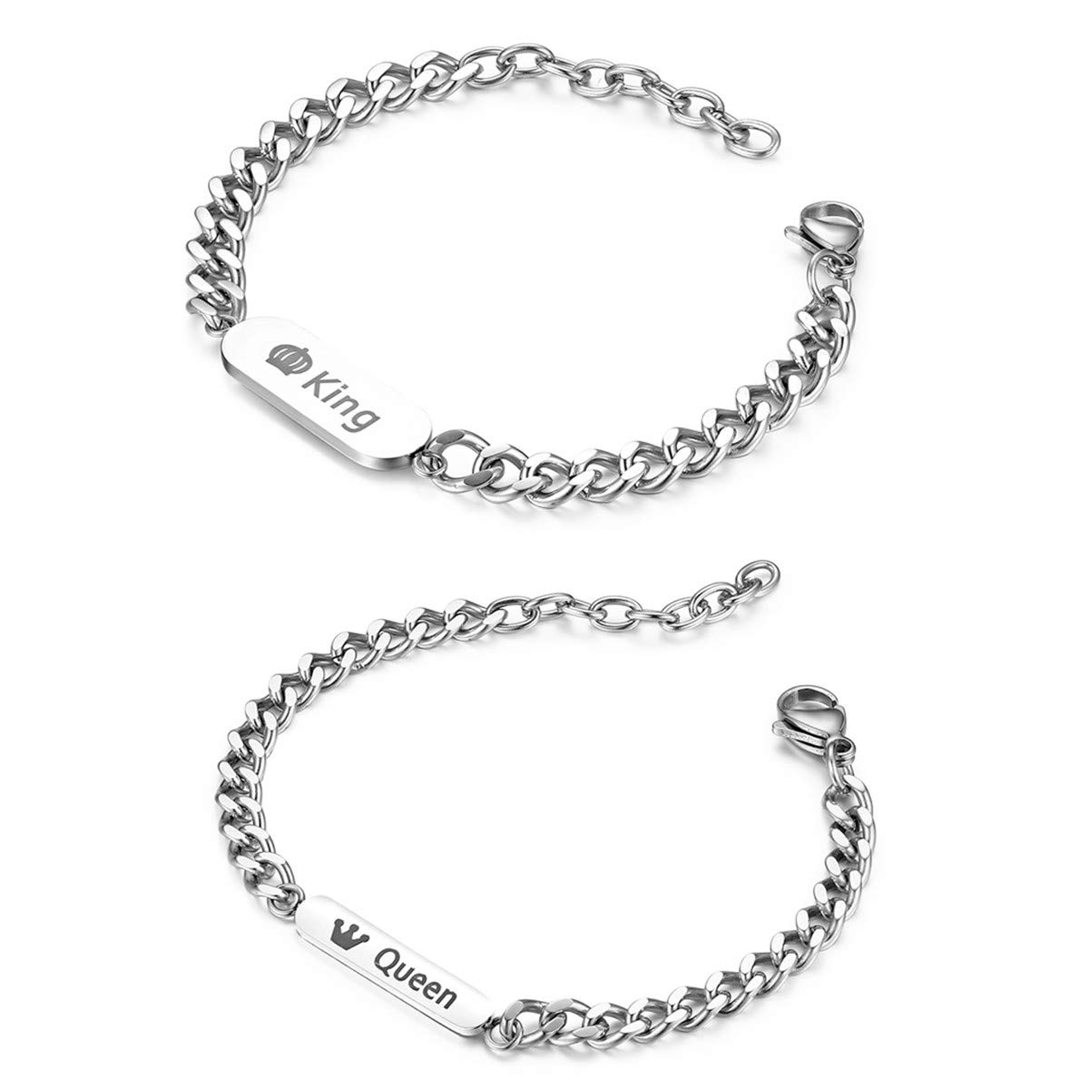 Flongo 2PCS King Queen Couples Link Bracelets, Womens Men's Stainless Steel King Queen Crown Identification Link Wrist Bracelets,Valentine Christmas Wedding Engagement Promise Gift