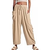HOTIAN Womens Wide Leg Pants Summer Casual Loose Drawstring Palazzo Harem Beach Flowy Pant with Pockets