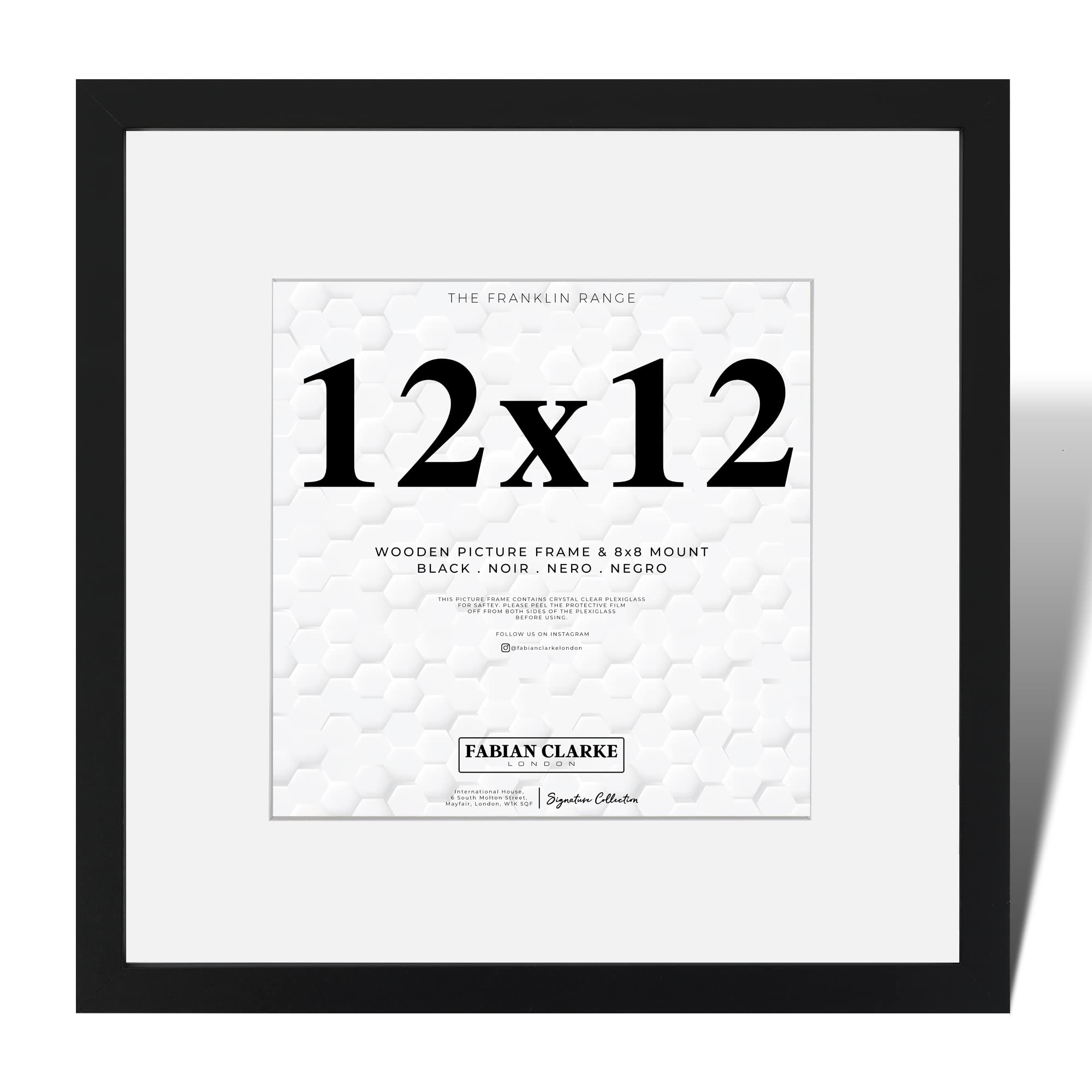 Fabian Clarke London® Modern Black Square 12x12 Picture Photo Frame with 8x8 White Mount Wood Moulding