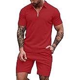 EISHOPEER Men's Polo Shirt and Shorts Set Fashion Zipper 2 Pieces Outfits