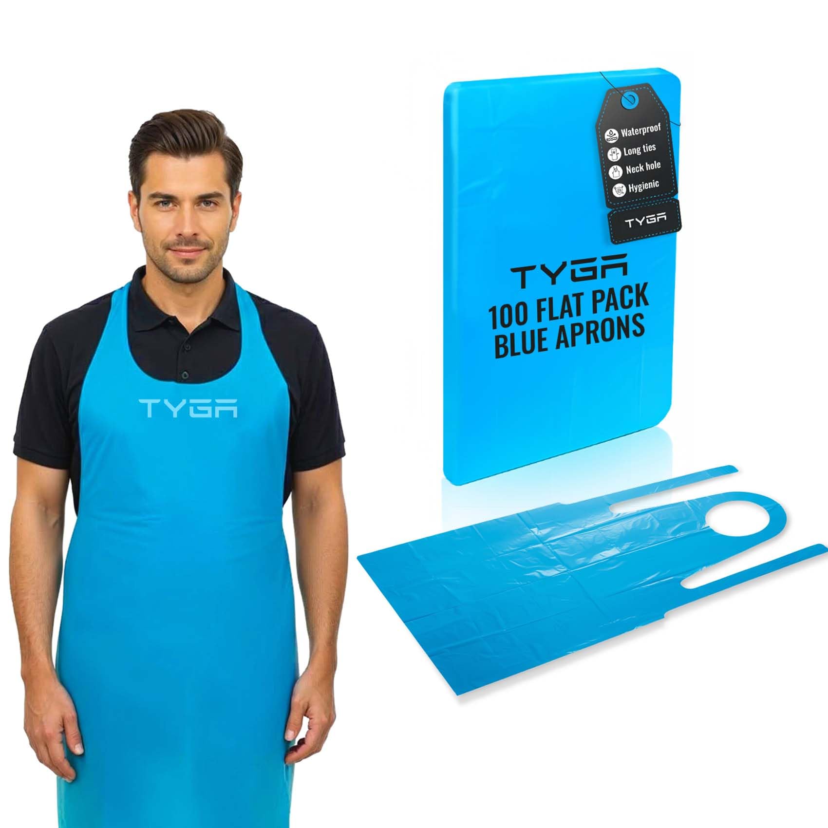 TYGA Store | 100 Disposable Blue Aprons - Apron for Medical, Cleaning, Painting, Hairdressers, Baking & Chefs - PPE (Blue) (Flat Pack 100)