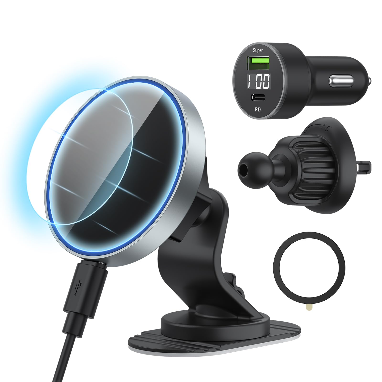 15W Magnetic Wireless Car Charger Mount, Air Vent/Dashboard Magnetic Wireless Car Charger with Cigarette Lighter/Magnet Ring Sticker for iPhone 15/14/13/12 Series, Fast Charging MagSafe Car Charger