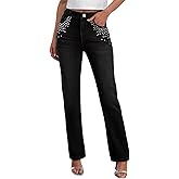 Sidefeel Women's Straight Leg Jeans High Waisted Stretchy Rhinestone Wide Leg Denim Pants