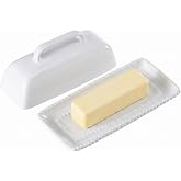 White Ceramic Butter Dish with Lid-Vintage Pearl Embossed Edge &amp; Large Arc Handle-Keeps Butter Fresh on Countertop or in Fridge-Dishwasher &amp; Microwave Safe