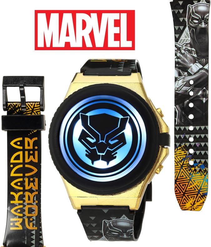 Accutime Marvel Black Panther Wakanda Forever Kids LCD Watch – Flip-Top Light-Up Cover, Digital Display, Adjustable Strap, Avengers Design, Cool Glow Feature, Perfect for Kids – Fits Wrists 5.5” to 8”