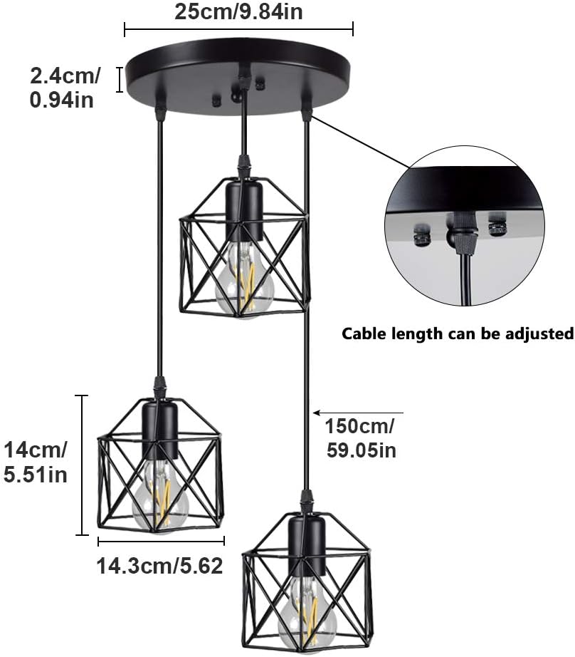 DLLT Vintage Pendant Light, Adjustable Mini Hanging Pedant Lights Fixture with 3-Light Cage Shade, Flush Mount Ceiling Swag Lighting for Kitchen/Dining Room/Hallway/Bedroom, E26 Base (Black) - - 