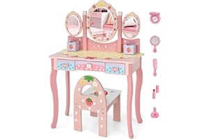 GENERIC Fireflowery Kids Vanity, Little Girls Vanity Set with Stool, Princess Makeup Vanity w/Mirror, Makeup Dressing Table with Drawer, Pretend Play Vanity for Toddlers, White/Pink
