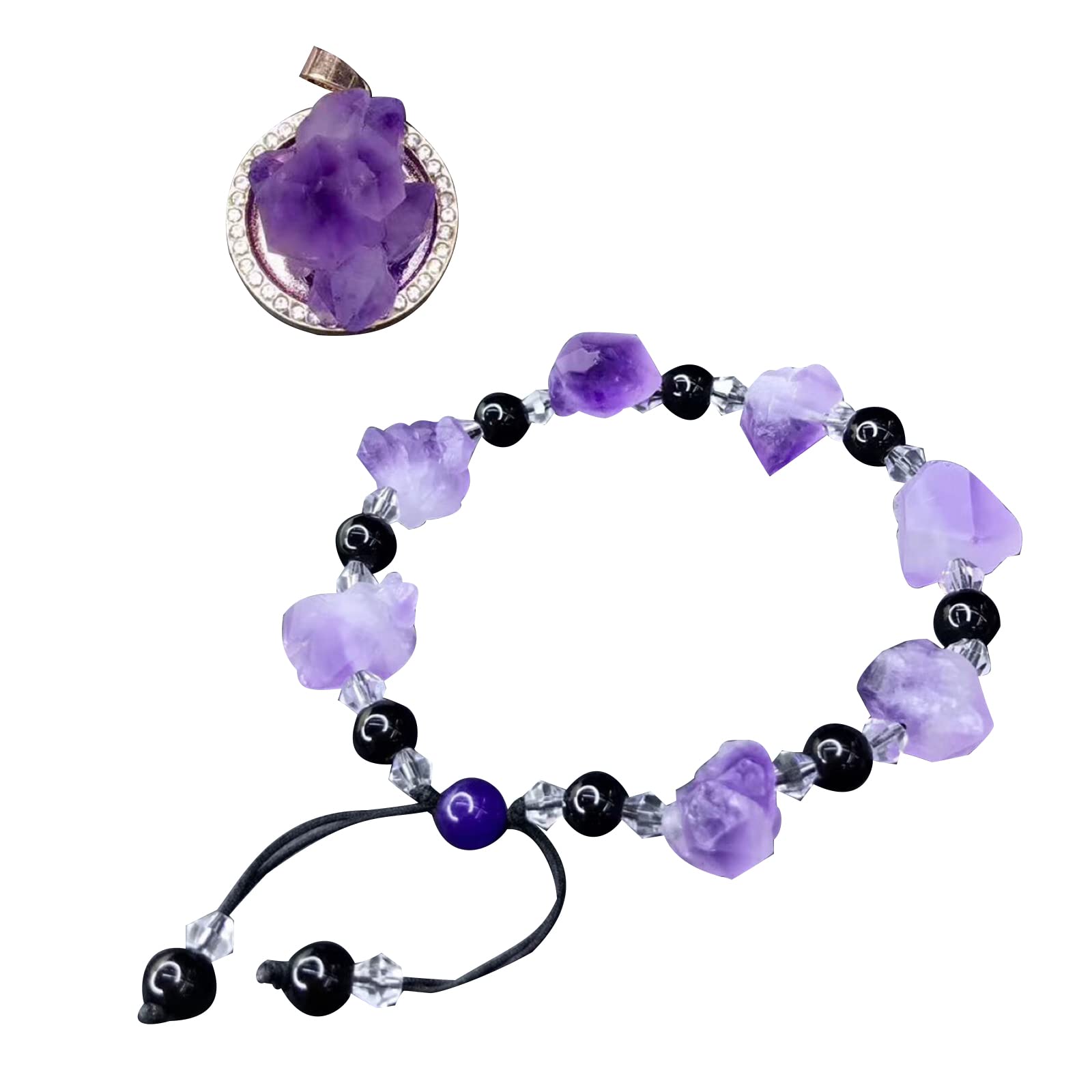 Healing Crystal Natural Amethyst Raw Stone with Obsidian Crystal Beads Bracelet Irregular Raw Stone Pendant Necklace for Beginner Reiki Blancing Spiritual Meditation