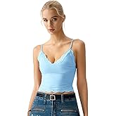 QINSEN V Neck Lace Trim Cami for Womens Spaghetti Straps Slimming Fit Sleeveless Tank Camisole Crop Tops