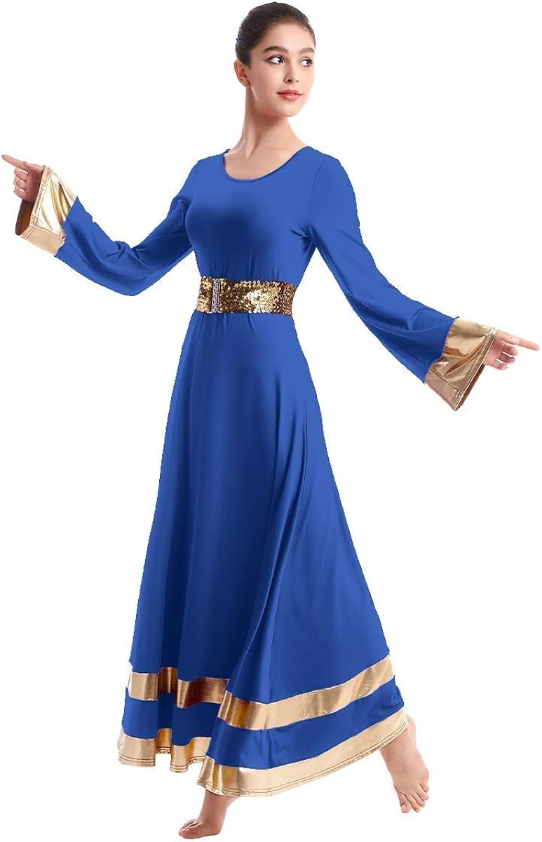 IBAKOM Womens Long Sleeve Tunic Robe Worship Praise Liturgical Full Dance Dress Ballet Costume with Sequins Belt: Clothing