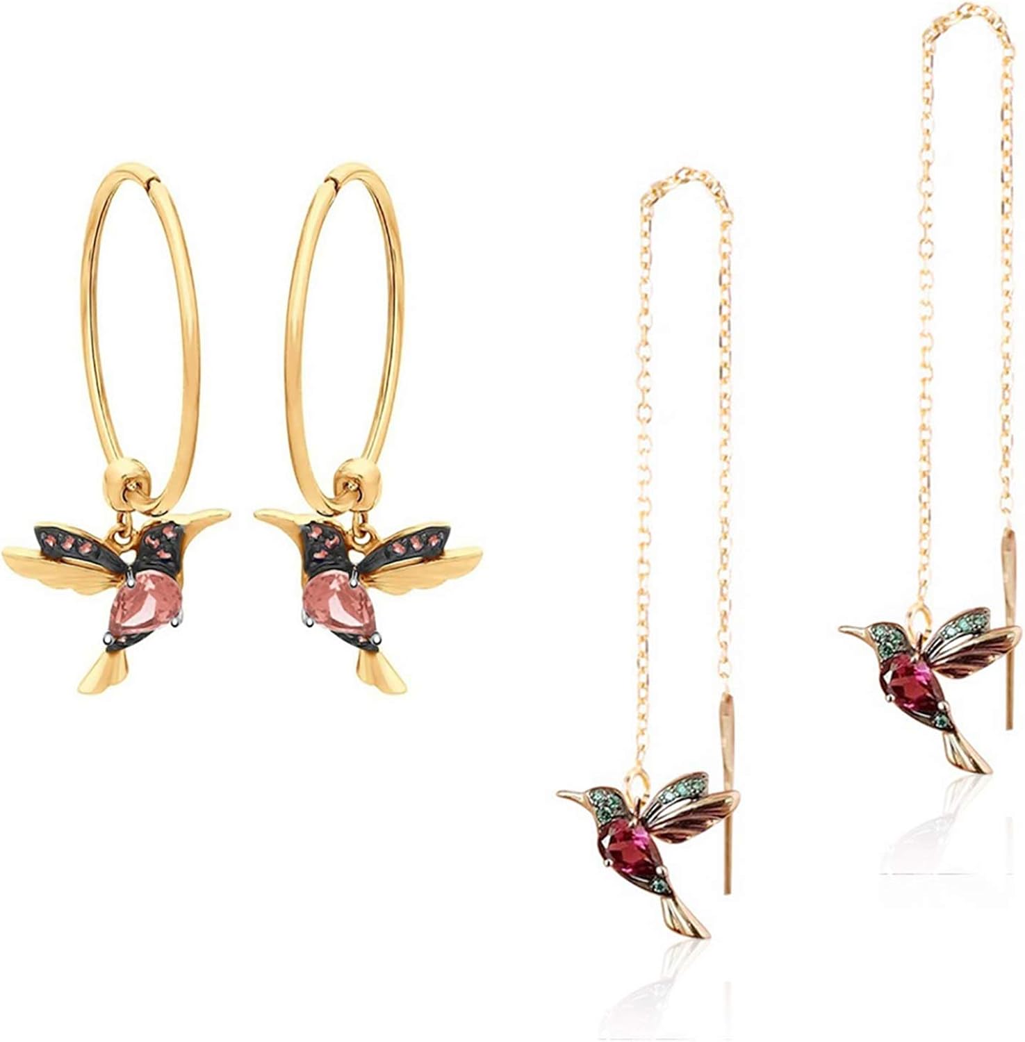2 Pairs Hummingbird Rhinestone Drop Earrings Ladies Elegant Hummingbird