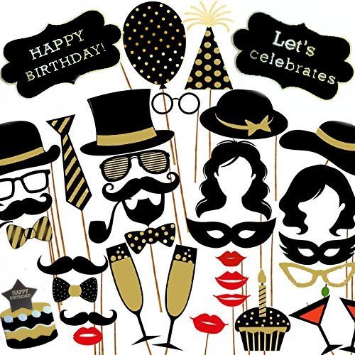 Losuya Birthday Party Photo Booth Props Kit Funny 35pcs DIY Set with Cake, Happy Birthday Sign, Mustache, Balloon, Lips for Birthday Celebration