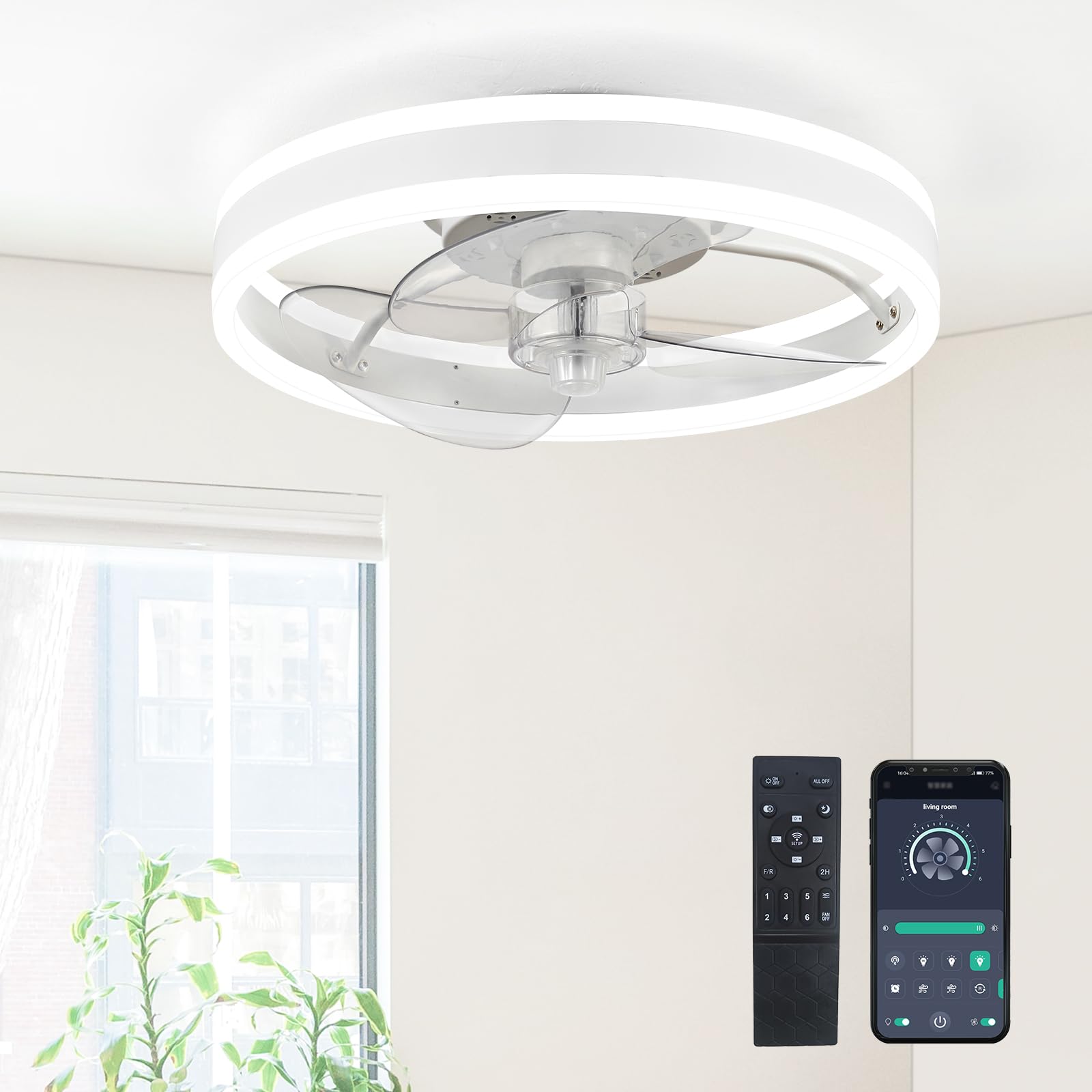Photo 1 of SAMPHON Low Profile Ceiling Fans with Lights and Remote, 15.7'' Led Flush Mount Ceiling Fan, Stepless Dimmable Bladeless Small Ceiling Fans with Lights for Bedroom, Living Room and Kitchen - White
