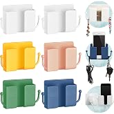 Jetec 6 Pcs Wall Mounted Phone Holder, Multicolor | Self-adhesive Plastic Organizer for Charging Phones, Remotes, Keys. Dual Slots Storage Box for Bedroom, Kitchen Walls.