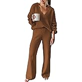 Fixmatti Women 2 Piece Knit Set Long Sleeve Pullover Sweater Top Wide Leg Pant Sweatsuit Outfits