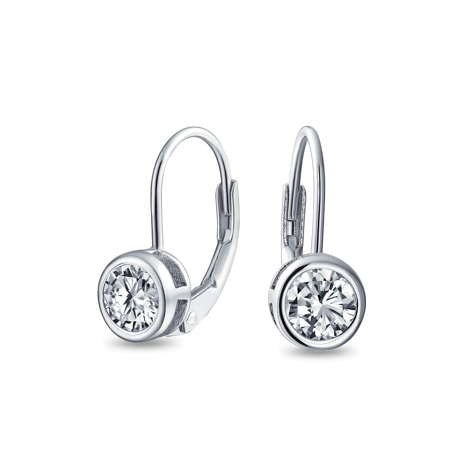 Dainty Round Bezel Brilliant Cut AAA Cubic Zirconia Simulated Gemstone Clear CZ Solitaire Dangle Drop Earrings Lever Back .925 Sterling Silver โ image 1