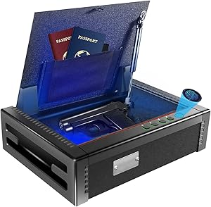 Sdstone Gun Safe with Fingerprint Identification, Suitable for 2 Pistols, Hand Gun Safe Hidden with Biometric Lock and Sensor Light, The Pistol Safe for Home Office Or Cabinet Anchoring Design.