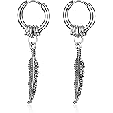 KaFu Surgical Stainless Steel Huggie Hinged Hoop Earrings Punk Hip Hop Cool Goth Black Silver Feather Drop Dangle Earrings for Men Women
