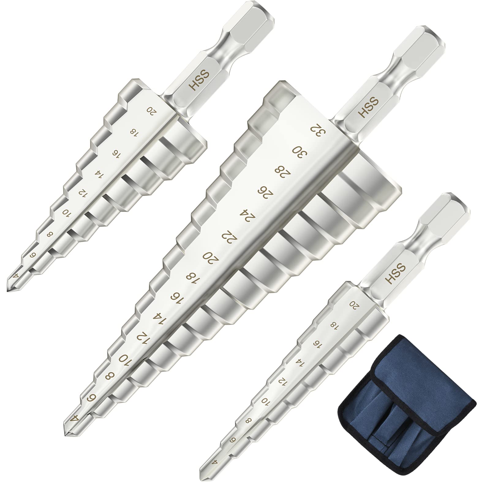 flintronic Step Drill Bit, 3PCS 4mm to12 20 32mm (5/32" to 5/4") HSS Titanium Coated Double Slot Cone Cutting Drill for Plastic Wood Metal