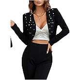 OYOANGLE Women's Open Front Cropped Blazers Pearls Beaded Long Sleeve Business Casual Bolero Jacket Coat