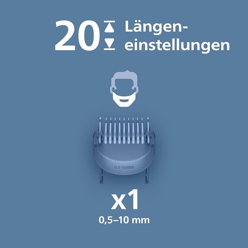 Bartschneider 3000er-Serie – selbstschärfende Klingen mit abgerundeten Spitzen, 20 Längeneinstellungen, Lift&Trim-Kamm, 100% wasserdicht, Akkuanzeige, USB-Ladegerät, Modell BT3619/15