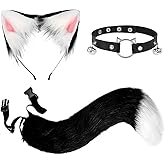 Odowalker Furry Therian Tail and Ear Set Black Wolf Fox Ears and Tail Cosplay Costume, Fox Ears and Tails Leather Bell Collar Set for Halloween Christmas Women Men