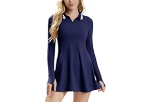 ECUPPER Womens Long Sleeve Tennis Dress Workout Athletic Golf Dresses Polo Outfits with Shorts & Thumbholes