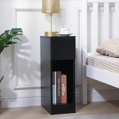 Pantanal 20CM Slim Bedside Table with Drawer Shelf Black Nightstand