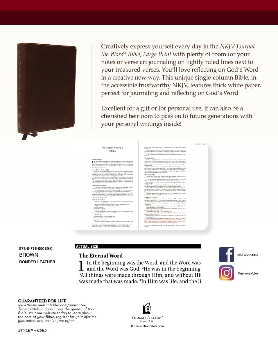 NKJV, Journal the Word Bible, Large Print, Bonded Leather, Brown, Red Letter Edition: Reflect, Journal, or Create Art Next to Your Favorite Verses