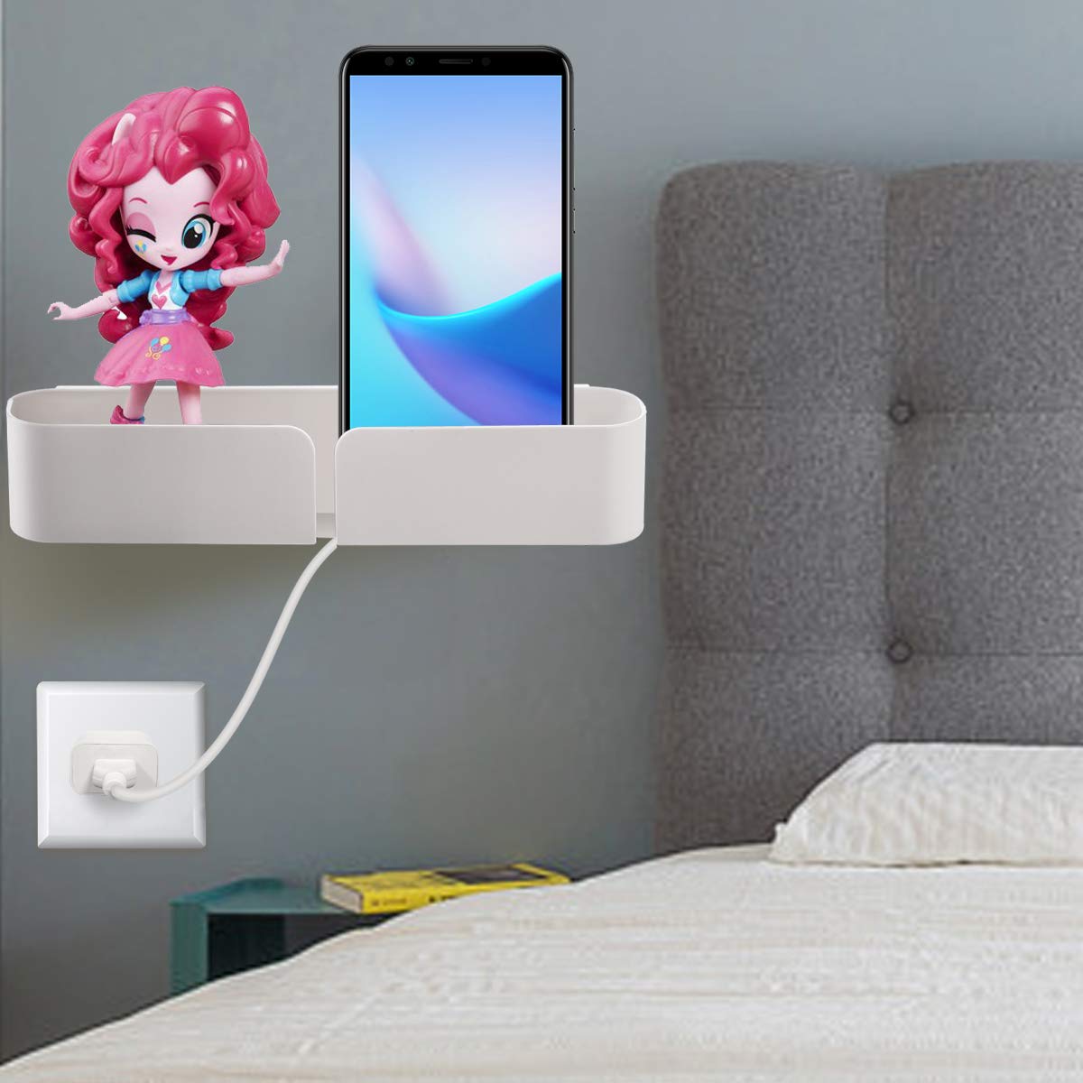 Bedside Shelf Wall Mounted Little Bed Organizer Storage Rack Caddy Self Phone Holder Stand Bracket - Damage Free Installation - Perfect for Phone Charging Bedtime Reading Glasses,Remotes(1pcs/Pack)