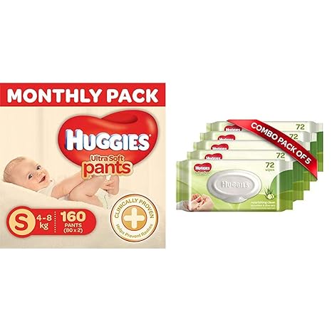 Huggies Ultra Soft Pants Diapers Monthly Pack, Small (160 Count) & Huggies Baby Wipes - Cucumber & Aloe, Pack of 5 (360 Wipes)