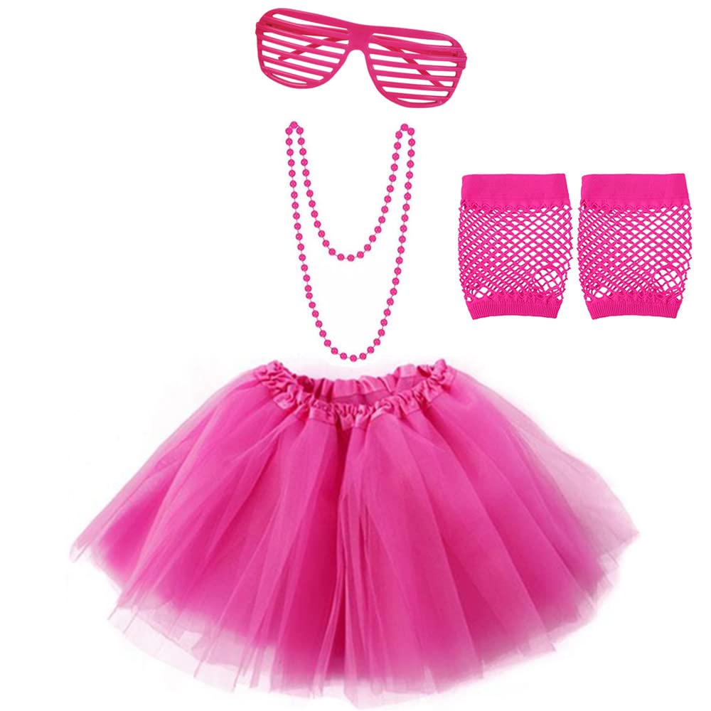 RichMoho Girls 80s Fancy Costume Ladies Women Girls 80S Party Outfit Accesories 80S Fancy Dress Costume Ladies Night Out Including Pink Women Tutu Fishnet Gloves Neon Necklace Earings