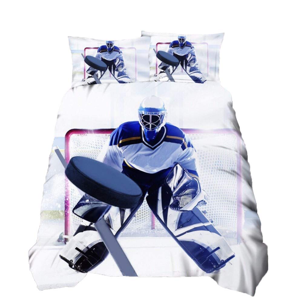 Loussiesd Decor Duvet Cover Double Size Action Ice Hockey Team Player with Stick and Puck Bedding Cover Kids Youth Sport Physical Education Comforter Cover for BoysTeens Bed Cover Ultra Soft