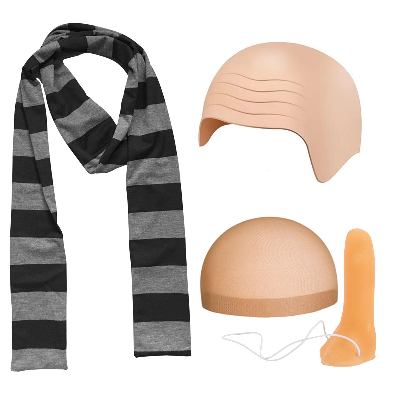 MUNSKT Set of 4Pcs Halloween Cartoon Cosplay Costume Accessories - Bald Cap,Black Grey Striped Scarf,Long Nose for Halloween Role Play Party Supplies