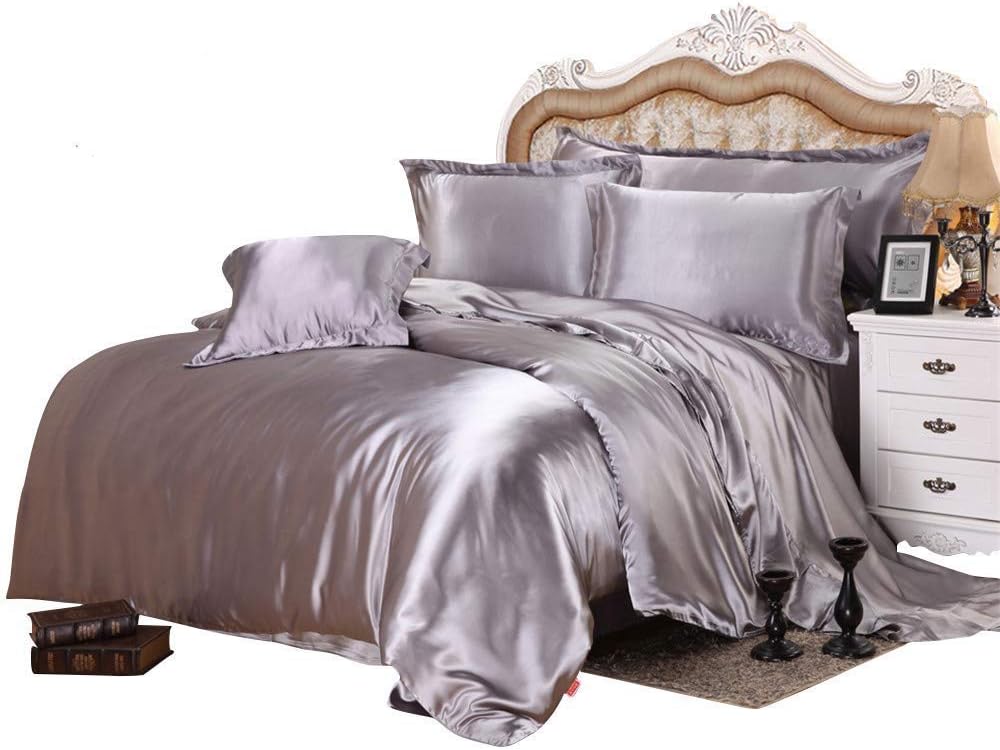 Bedding Kraft Ultra Soft Luxurious Silk Like Satin 500 GSM Comforter Set (Comforter+Flat Sheet+Fitted Sheet+2 Pillow Cases) Hypoallergenic Durable Comfort Bedding Set, Silver Grey, Emperor King