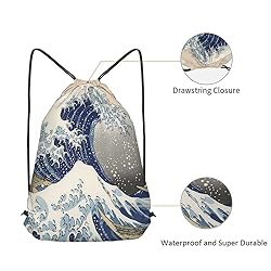 Beabes Japanese Style Wave Drawstring Backpack Bag