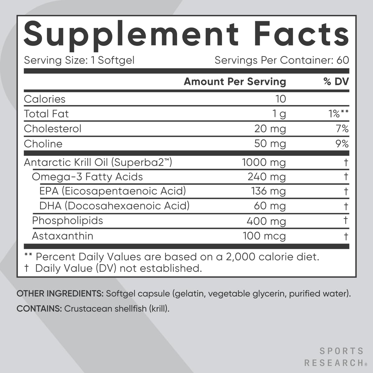 Sports Research® Omega-3 Krill Oil 1000mg - Double Strength Antarctic Fish Oil Supplement w/Astaxanthin, Phospholipids & Choline - MSC Certified Sustainable · Non-GMO · Gluten Free - 60 Softgels