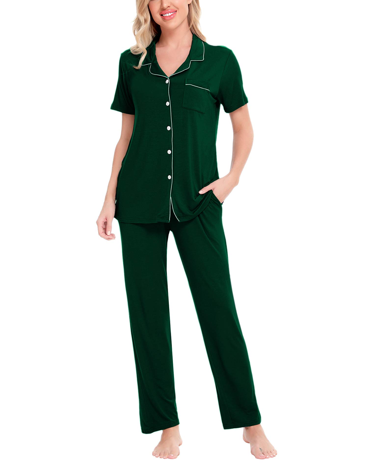 SWOMOG Women Pajama Sets Two-Piece Nightwear Short Sleeve Sleepwear Button Down Pj Lounge Sets with Long Pants Green Image