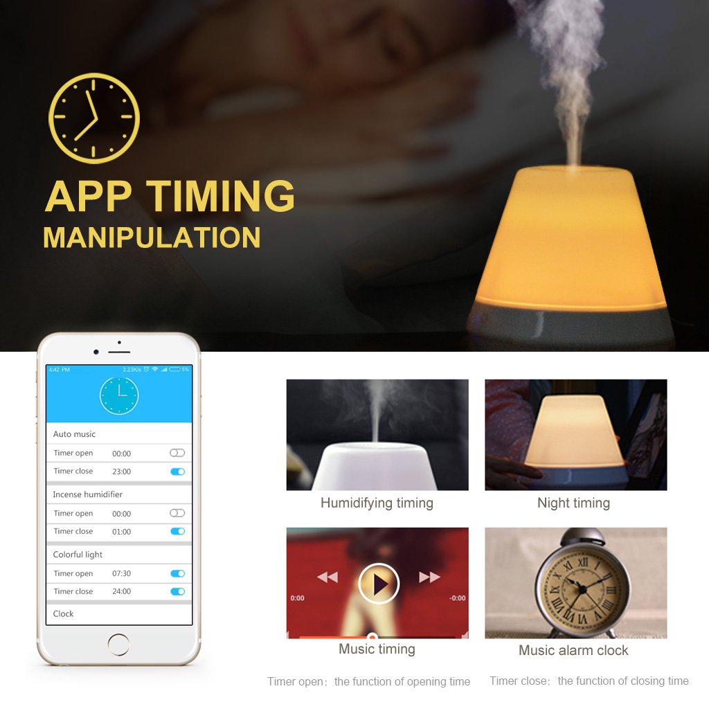 3-in-1 Cool Mist Humidifier Bluetooth Speaker Lamp, Smart Aroma Essential Oil Diffuser, VOSAKE Ultrasonic 300ml Mist Humidifier with 7 Color Lights Changing, Bluetooth Aroma Humidifier, Waterless Auto Shut-off & Timing, Alarm, 1-6 Hour Time