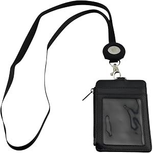 GATYZGEAR Faux Leather Wallet with Lanyard, Black, ID Card Holder compatible with AirTag, Zipper Pocket